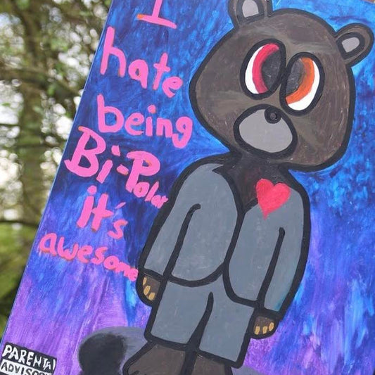 Cartoon bear with text on a colorful background